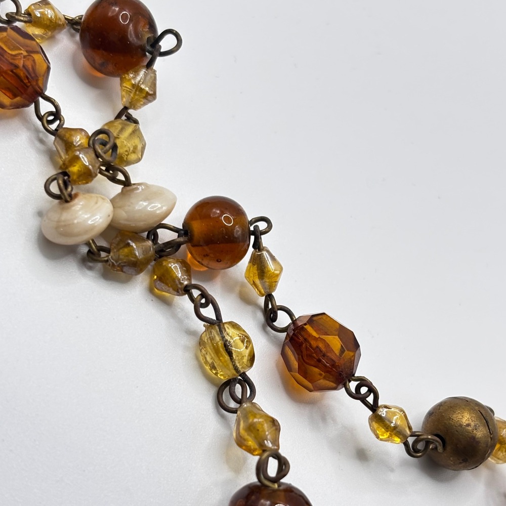 Vtg Boho Earthy Beaded Long Necklace Station 60" Baroque Amber Green Cream Glass - Picture 8 of 8